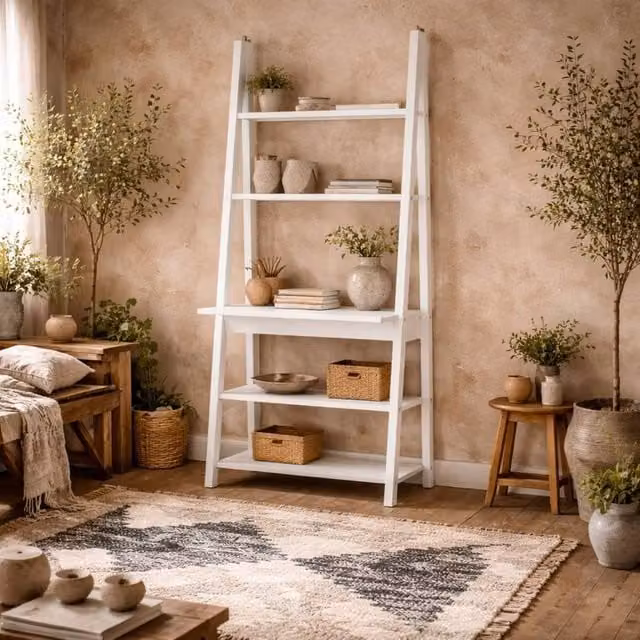 Wyld Haus Athy White Wooden Ladder Writing Desk with 3 Open Shelves, H: 175.4 cm x W: 84.0 cm x D: 50.0 cm – 1
