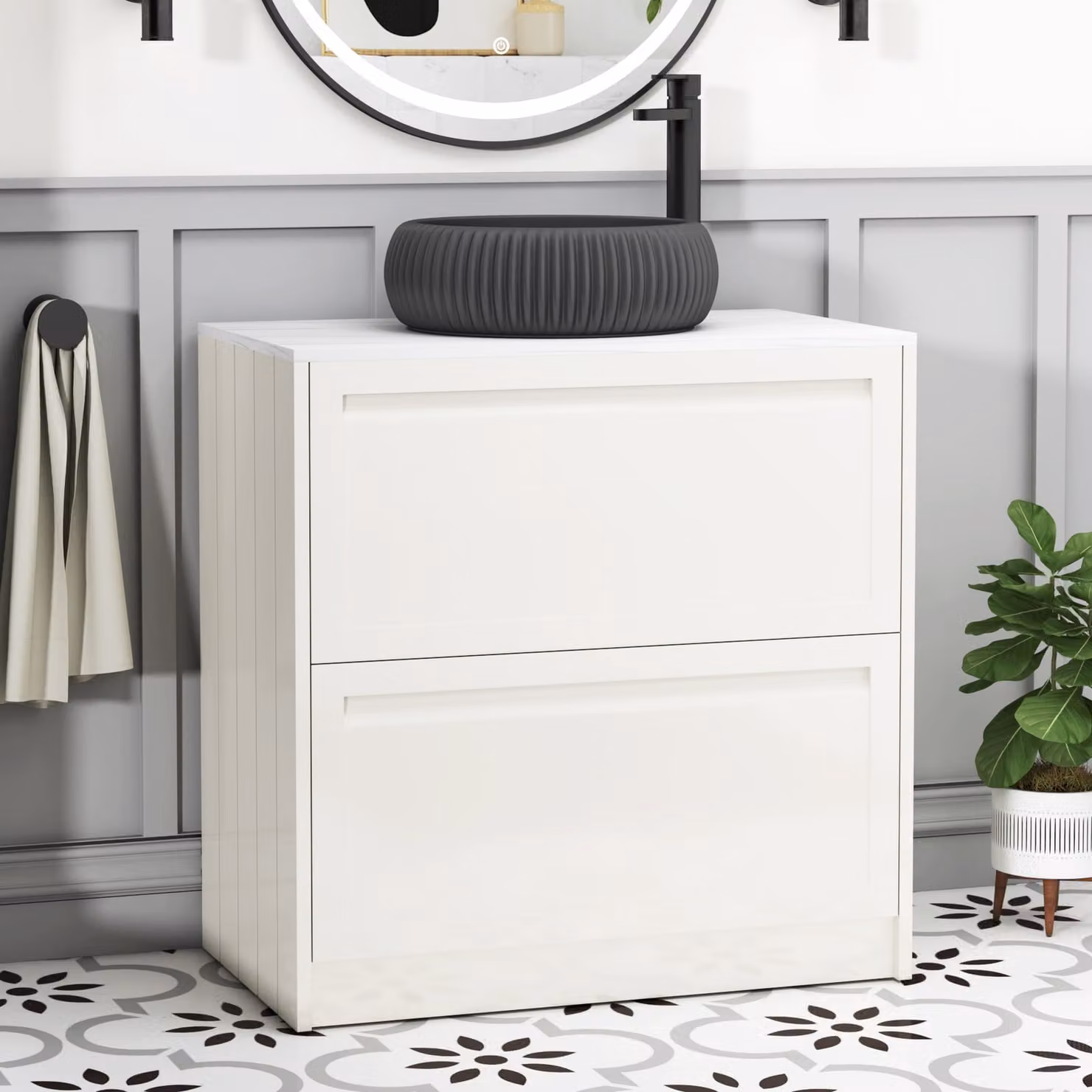 Royal Bathrooms Elmore Classic White Floor Standing Countertop Vanity Unit with 2 Drawers and Milan Black Basin