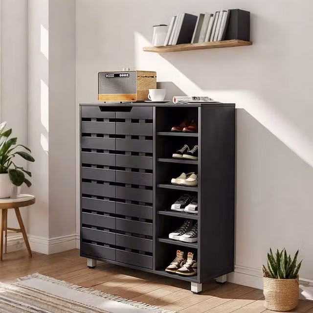Komore Modern Black Wooden 5-Tier Shoe Storage Cabinet with Hinged Doors and Ventilation