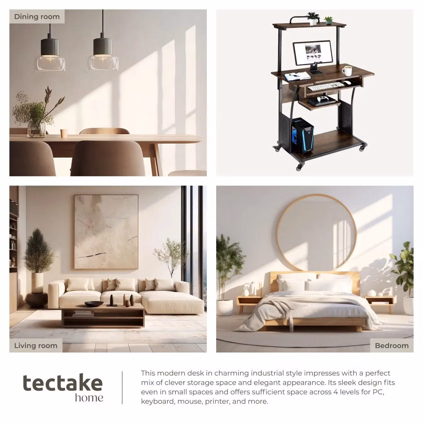 tectake Fife Computer Desk with 3 Levels, Attachable Shelf, Keyboard Tray and Castors in Brown – 5