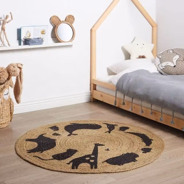 Wyld and Coco Beige and Black Jute Round Rug with Boho Animal Motif, Diameter: 120 cm – 1