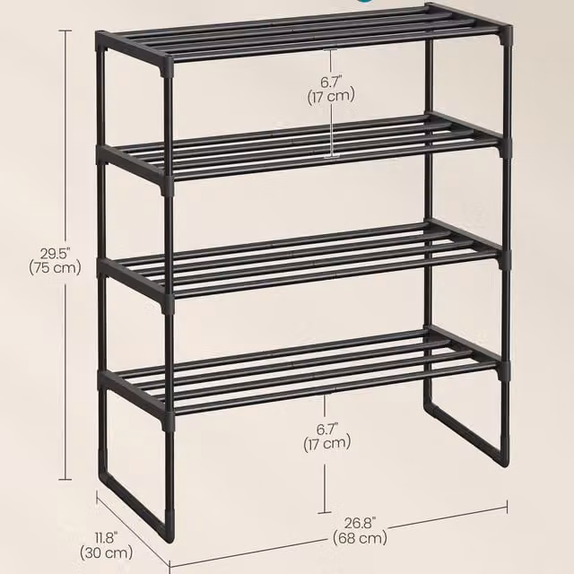 SONGMICS 4-Tier Metal and Plastic Shoe Rack Organiser, Black, W/D/H: 75 x 30 x 30 cm