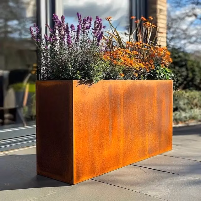 Corten Steel Long Tall Trough Metal Planter in Brown and Orange, 90 cm