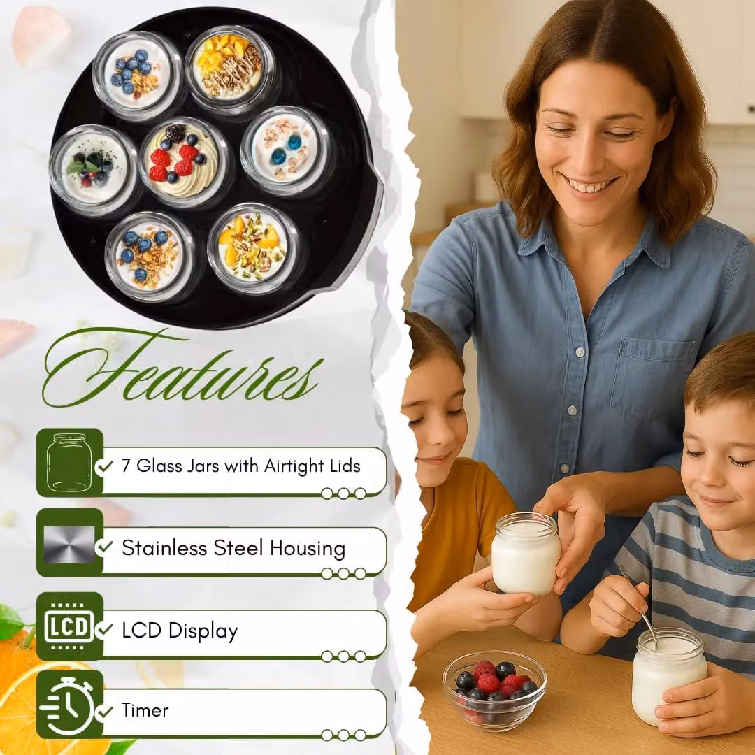 Almineez Digital Automatic Yoghurt Maker in Black with 7 x 180ml Glass Jars – 6
