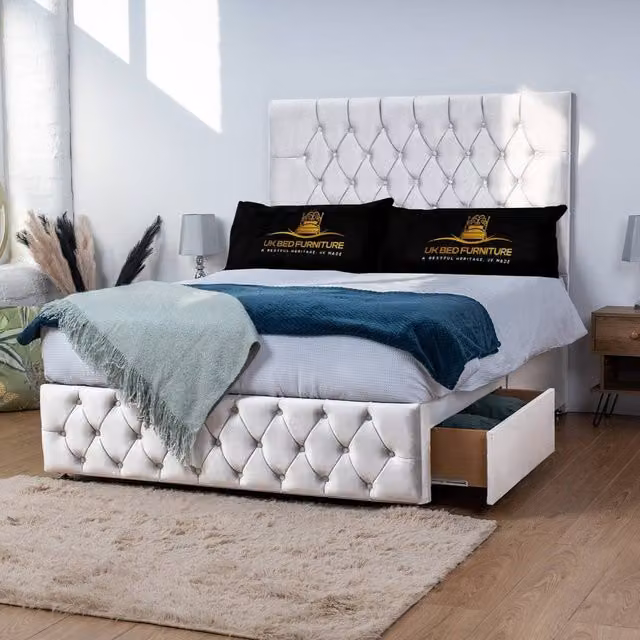 UK Bed Furniture Monaco Divan Bed with 2 Drawers Same Side and 26 Inch Headboard, White, W/D/H: 180 x 200 cm