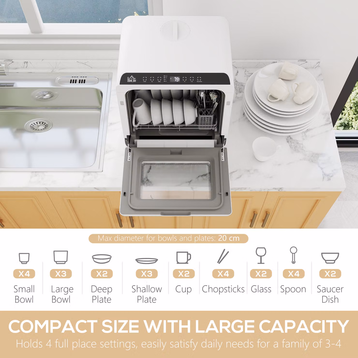 HOMCOM 6L Five-Mode Countertop Dishwasher in White – 4