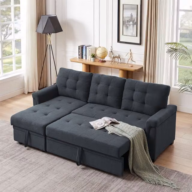 Furniture One 3 Seater Reversible L-Shape Corner Sofa Bed with Storage in Grey Linen Fabric