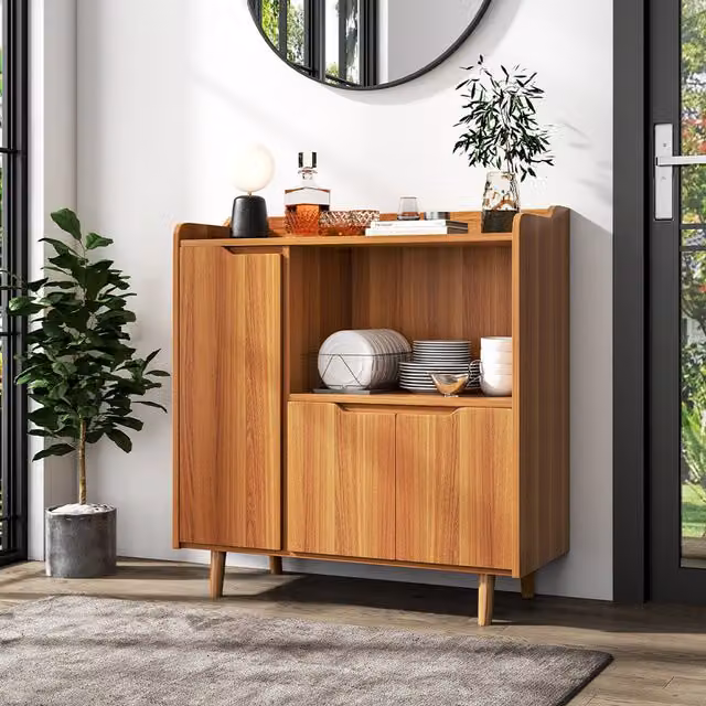 Livingandhome Mid-Century Brown Wooden Kitchen Cabinet with Hinged Doors and Pine Legs