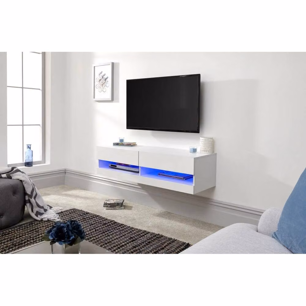 FORGEVIO Modern White High Gloss Wall Mounted TV Unit with Integrated LED Lighting and Lift Up Doors – 2