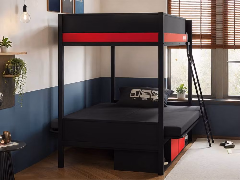 Flair Nova Metal Gaming Bunk Bed with Cotton Futon and Storage Drawers, Black and Red, Single Size (90 x 200 cm) – 3