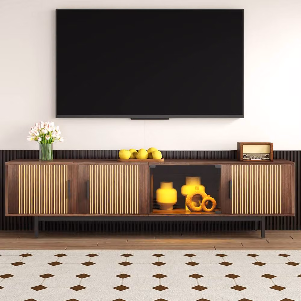 Merax Walnut Wood Lowboard TV Cabinet with Tempered Glass Door and LED Lighting, W: 200 cm, H: 53 cm, D: 53 cm – 5