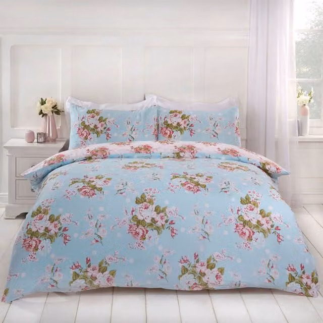 Dreamscene English Rose Floral Reversible Duvet Cover and Pillowcase Set in Silver and Blue, 200 x 200 cm