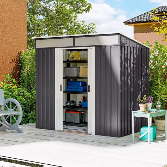OUTSUNNY Grey Galvanised Steel Garden Tool Shed with Lockable Sliding Doors and Side Vent, W/D/H: 198.12 x 121.92 x 121.92 cm