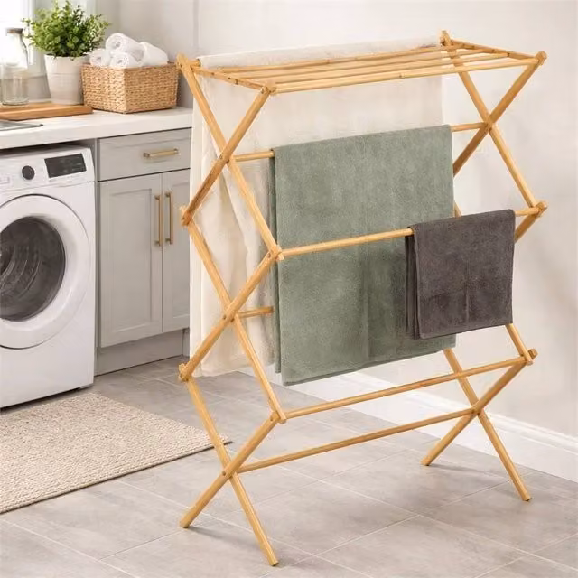 HOMION 3-Tier Foldable Bamboo Wooden Clothes Airer in Natural Brown, W/D/H: 103 x 40 x 72 cm