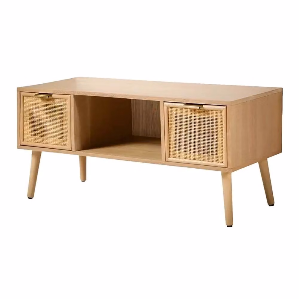 CALICOSY MIYA TV Stand with 2 Drawers and Rattan Fronts in Light Brown, W: 100 cm – 5