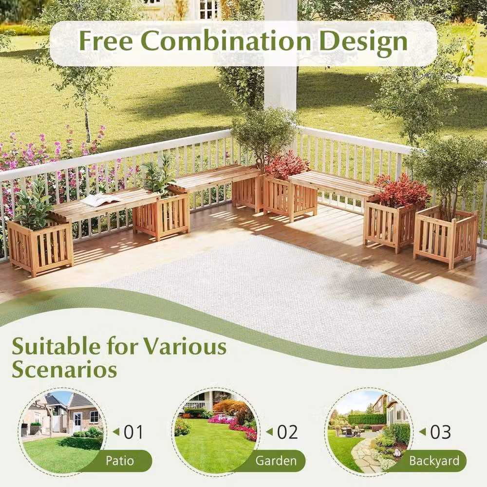 Kelvenix 2 Person Wooden Patio Bench with 2 Side Flower Boxes in Natural Brown and Beige – 4