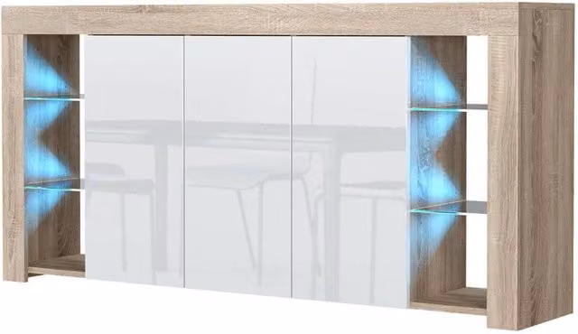 FORGEVIO Modern White and Natural Oak Wood TV Unit Stand Cabinet Sideboard with Integrated Lighting – 1