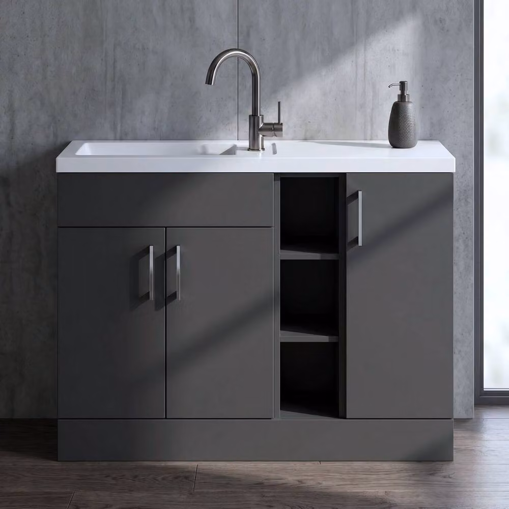 Balterley Wichnor Modern Floor Standing 3 Door Combination Vanity Basin Unit with Open Shelves and Polymarble Basin, Grey, W: 110 cm, H: 85.5 cm, D: 57.75 cm – 3