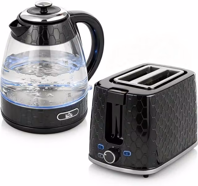 HOMCOM Kettle and Toaster Set in Black, featuring a 1.7 l Rapid Kettle with Limescale Filter and a 2-Slice Toaster
