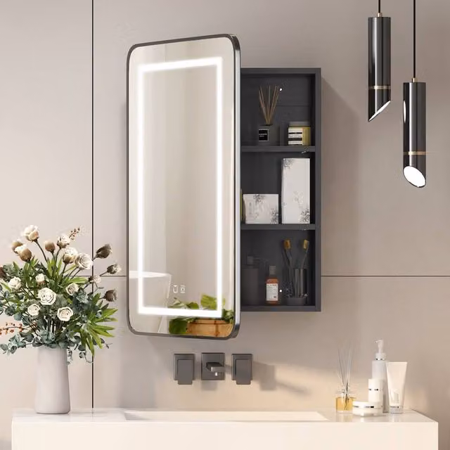 KEEPREAPER Black LED Bathroom Mirror Cabinet with 3-Colour Lighting, Demister and Touch Control, W: 50 cm, H: 76 cm