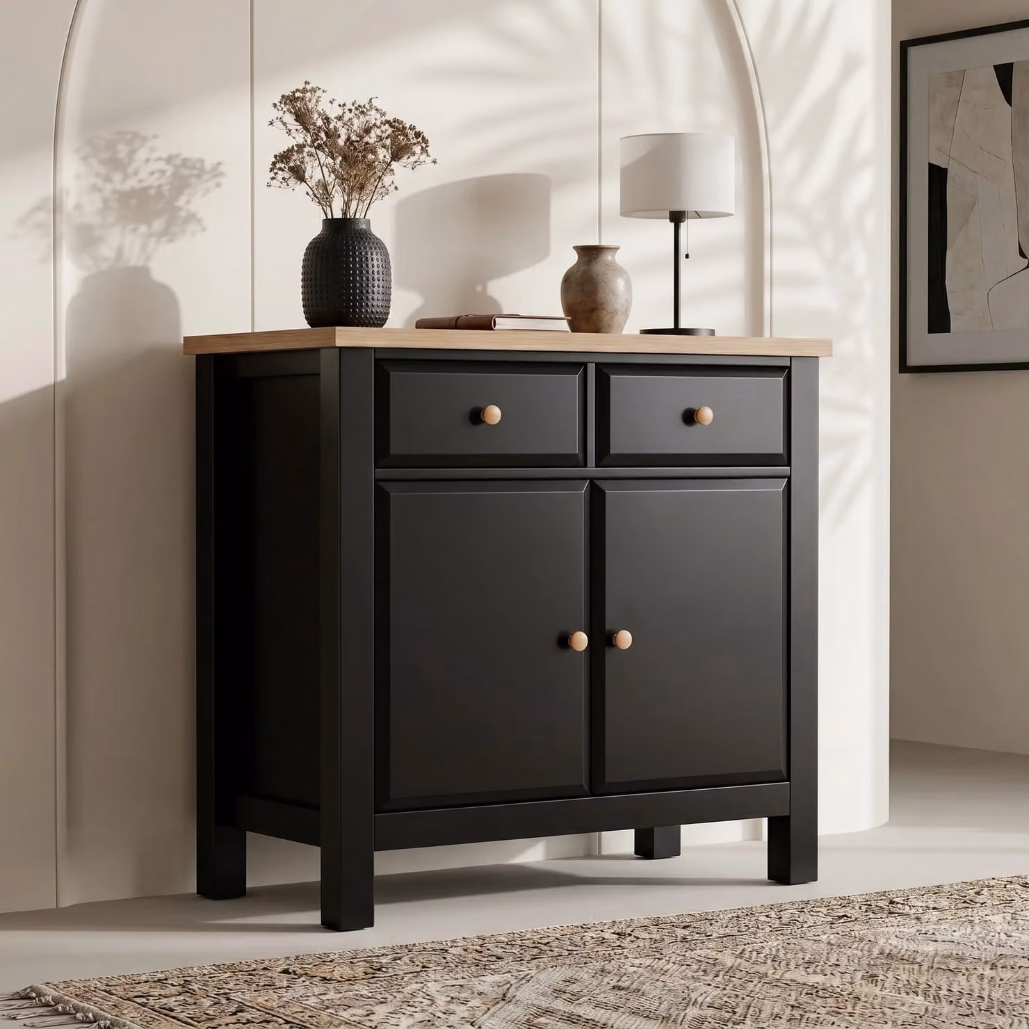 DHS Black Sideboard with Oak Top and Drawers, W/D/H: 81.0 x 39.5 x 81.0 cm