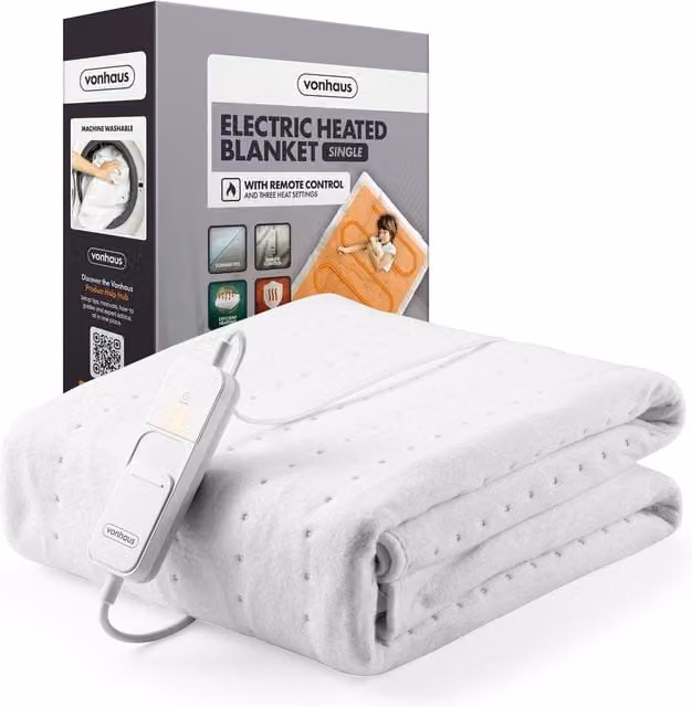 VonHaus Single Electric Heated Under Blanket in White, W/D/H: 90 x 200 cm