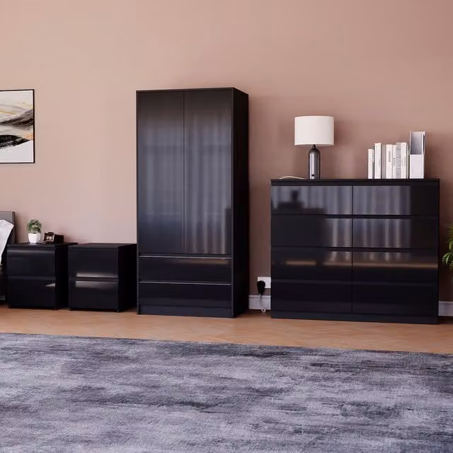 Vida Designs Glinton 4 Piece FSC Certified Modern Glossy Bedroom Set in Black