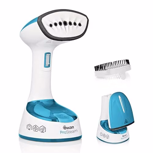 Swan SI12030N Foldable Handheld Garment Steamer with Removable Brush Attachments, 1470 Watts, White and Blue – 1