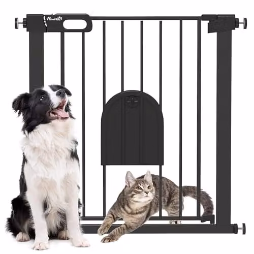 PawHut Black Metal Dog Gate with Cat Flap and Auto Close Pressure Fit Stair Gate