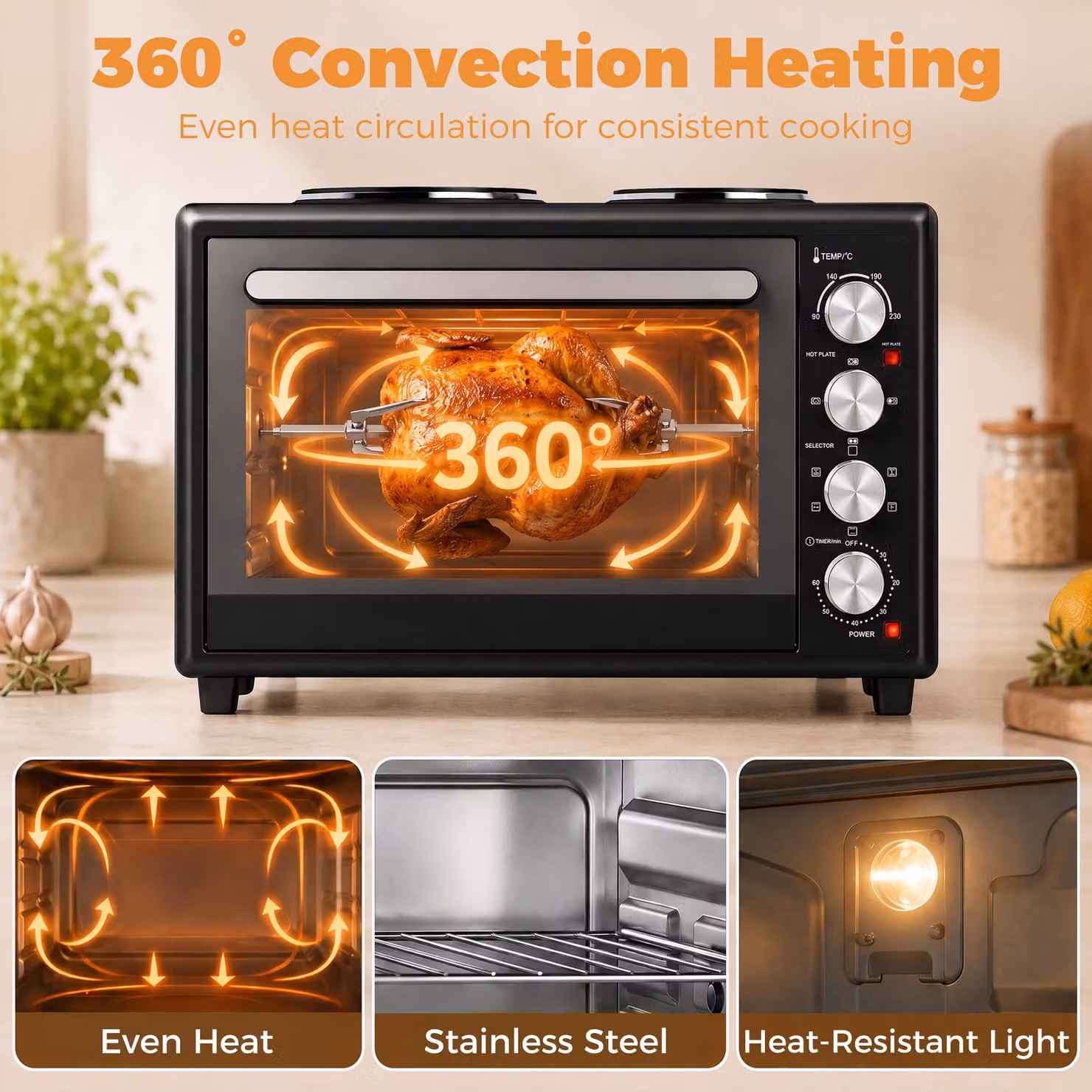 HOMCOM 36L Mini Electric Countertop Oven with Dual Hot Plates, Convection and Grill, Black – 6