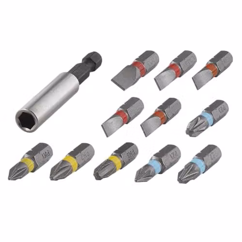 Wolfcraft 12 Piece Flat and Crosshead PH/PZ Screwdriver Bit Set with Bit Holder in Black and Silver