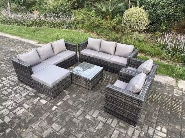 Fimous 9 Seater Rattan Garden Furniture Set in Dark Grey with Armchair, Coffee Table and Ottoman
