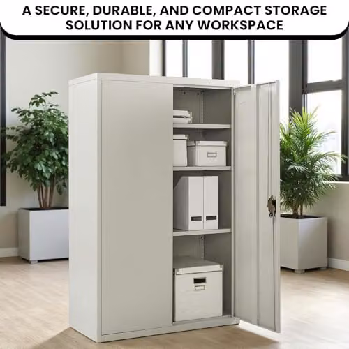 MMT Furniture Designs Ltd Metal Storage Cabinet with Lockable Hinged Doors and Adjustable Shelves, Grey, H 140 cm x W 90 cm x D 40 cm – 2