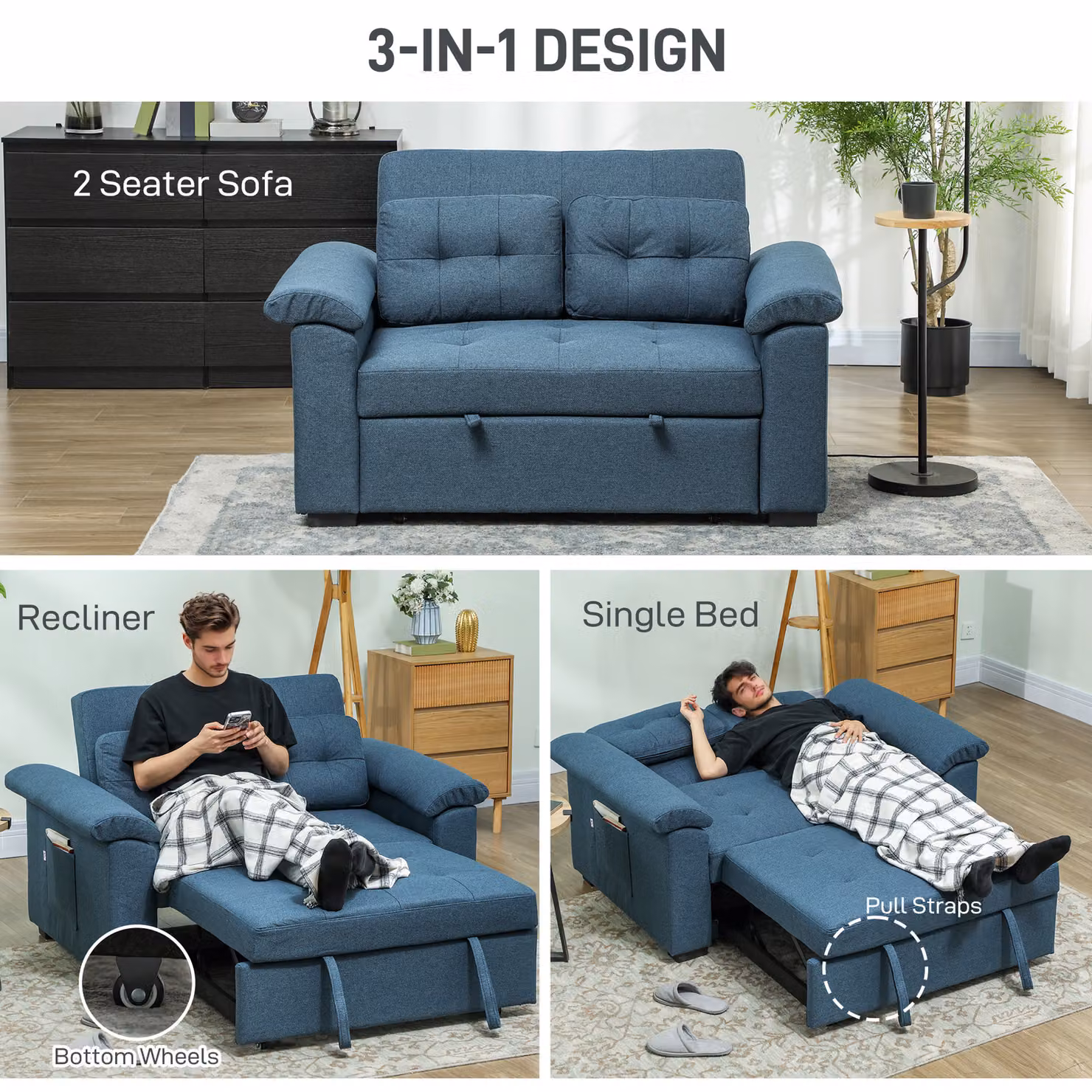 HOMCOM Blue Fabric 2 Seater Click Clack Pull Out Sofa Bed with Pillows and Side Pockets – 4