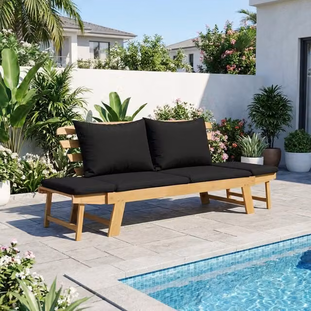 COSTWAY Convertible Patio Sofa Bed with Upholstered Foam Cushions in Black