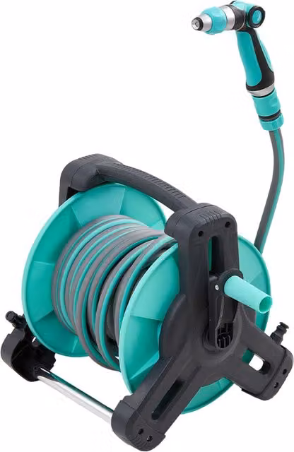 Darphe Freestanding Portable Garden Hose Reel Set, 25m, Green and Black