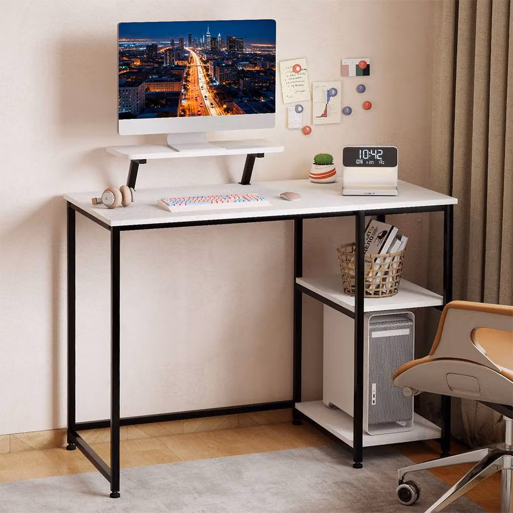 Levede Modern Computer Desk with Monitor Stand and Storage Shelves, Black and White, W/D/H: 100 x 50 x 76 cm – 2
