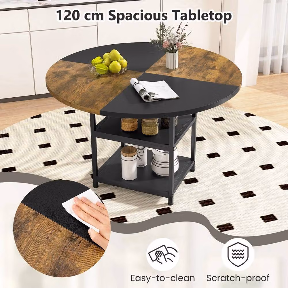 VOGREX Round Rustic Wooden Dining Table with 2 Storage Shelves in Black, Diameter: 120 cm, Height: 76 cm – 3