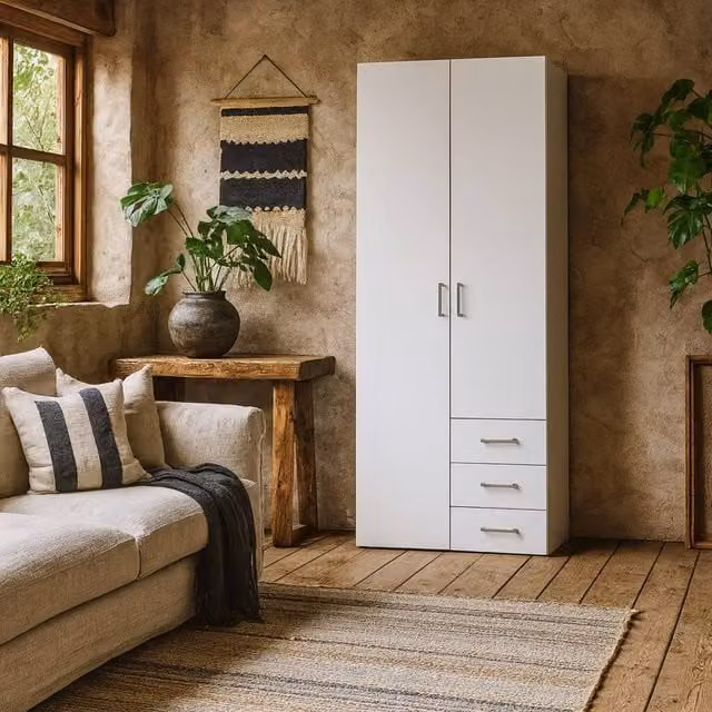 Wyld Haus Munich White Wooden Wardrobe with 2 Hinged Doors, 3 Drawers and Internal Shelves