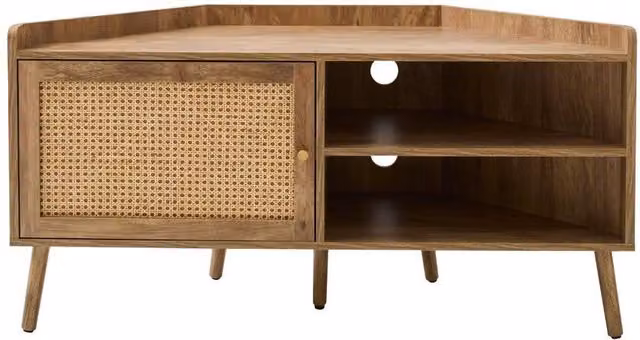 CALICOSY PALMO Corner TV Unit with Rattan Front and 1 Door, Light Brown, W/D/H: 120 x 40 x 60 cm
