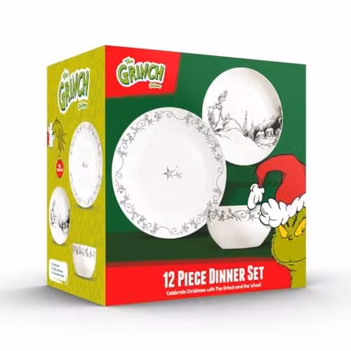 The Grinch 12-Piece White Porcelain Dinner Set for 4 Adults, Microwave and Dishwasher Safe – 1