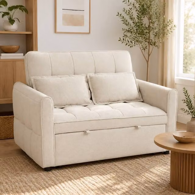 STILVORA 2 Seater Velvet Sofa Bed in Beige with Adjustable Headrest and Pull Out Frame, W/D/H: 124.5 x 86.5 x 88.0 cm, Sleeping Area: 90 x 190 cm – 1