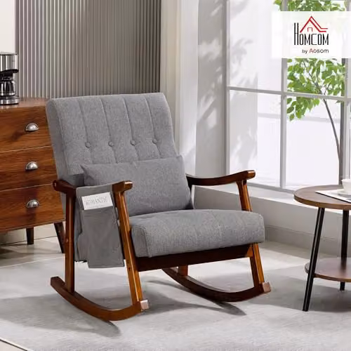 HOMCOM Modern Grey Fabric Rocking Chair with Solid Wood Frame and Armrests W/D/H: 65 x 84 x 87 cm – 2