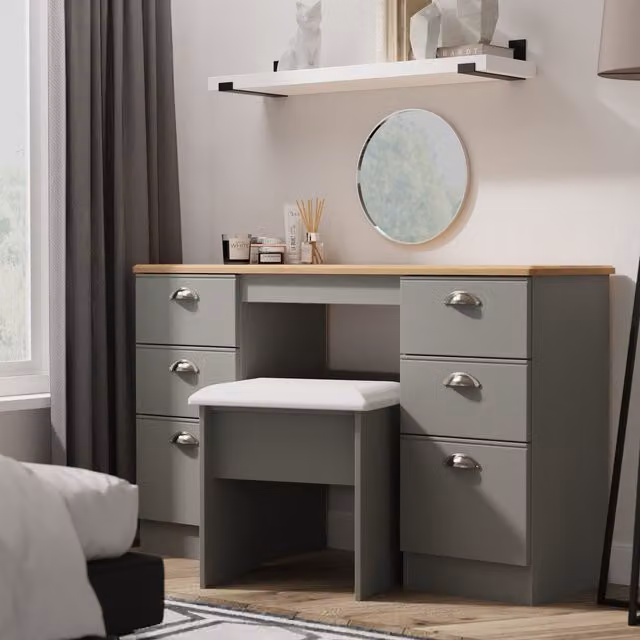 Victoria Ready Assembled Double Pedestal Writing Desk in Dusk Grey and Riviera Oak