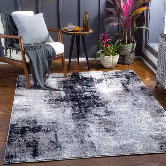 Livabliss Wanderlust Abstract Modern Marble Rug in Blue, Grey and Black, W: 200 cm, D: 275 cm