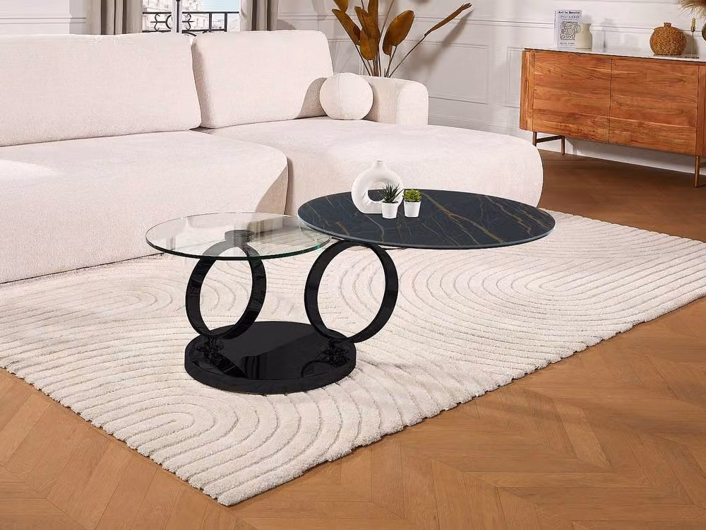 Vente-unique Modern Round Coffee Table with Rotating Ceramic and Transparent Glass Trays in Black – 3