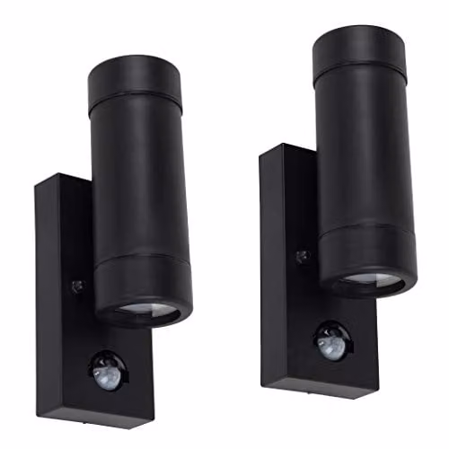 MiniSun Set of 2 Modern Black Up/Down Outdoor Wall Lights with PIR Motion Sensor and 3W Warm White LED Bulbs – 1