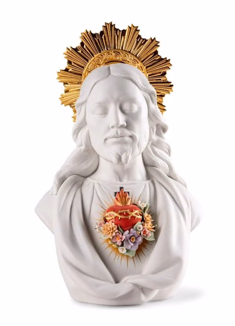 Lladró Sacred Heart of Jesus Porcelain Sculpture in White and Gold