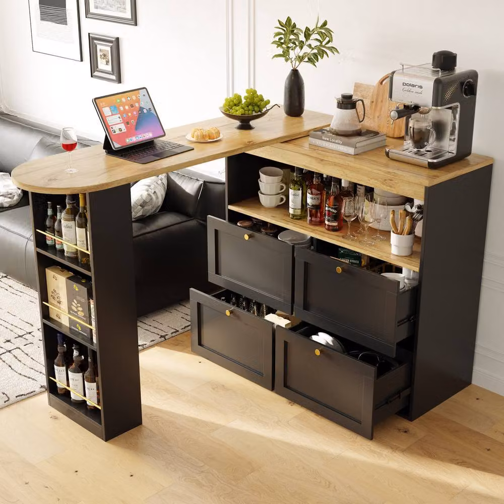 BTM Swivelling Bar Table with Sliding Cabinet Drawers and Open Storage in Black and Gold, H: 105 cm, W: 102 cm, D: 39 cm – 2
