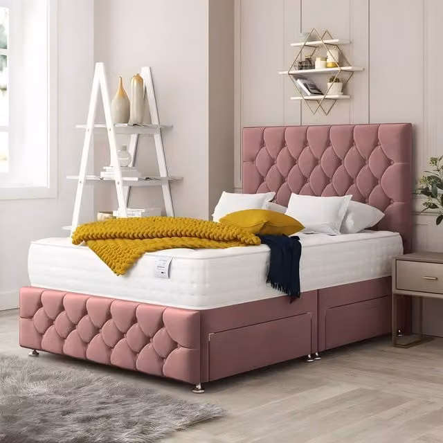 Paradise Beds Ltd Velvet Vault Divan Bed Set with 2 Storage Drawers, Pink, W/D/H: 200 x 200 cm